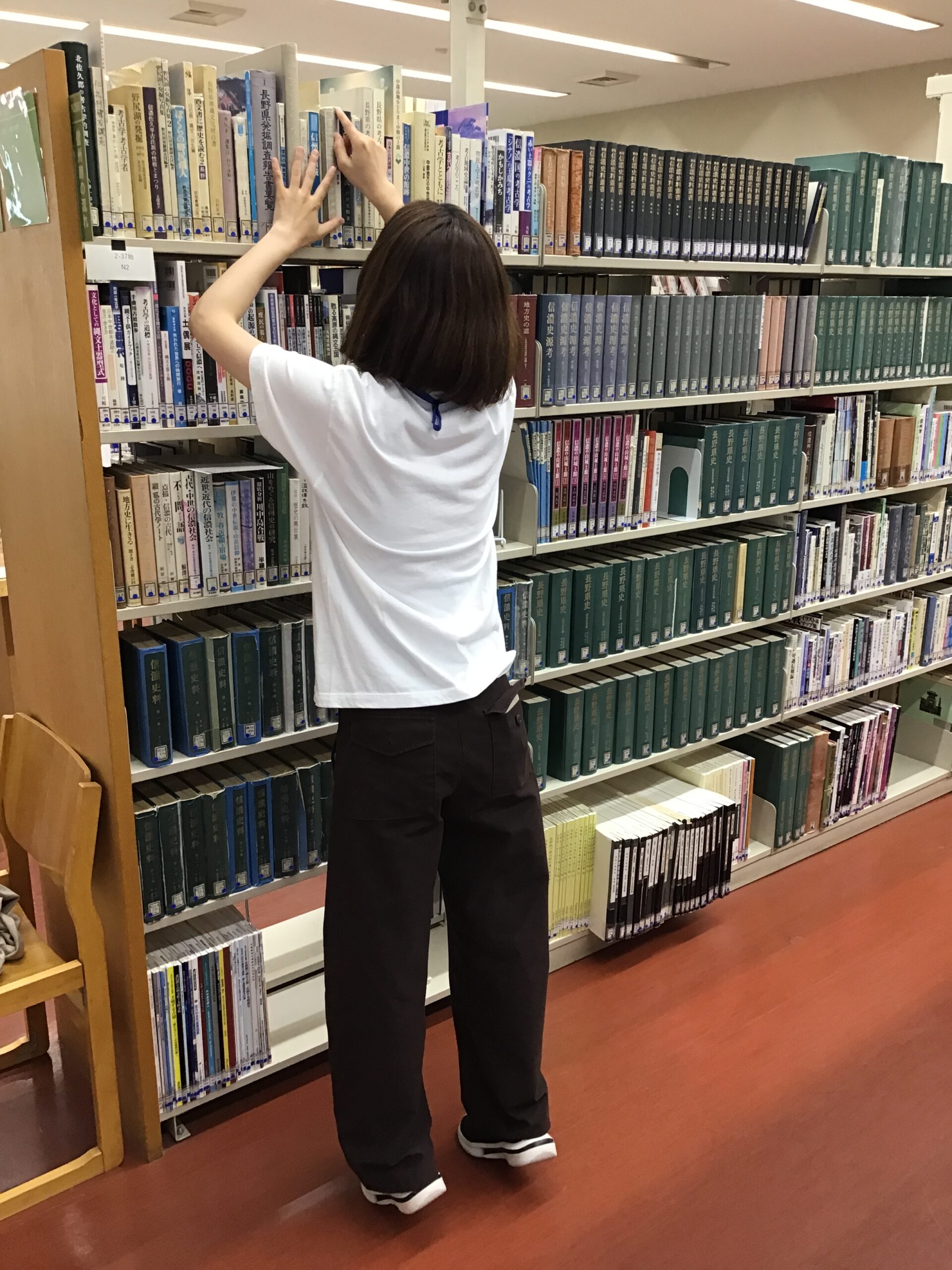 書架で配列点検の作業をしている職員の写真