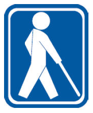 青い背景に白いシルエットの人が、杖をついているマークです。