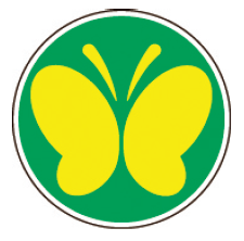 緑色の背景に、黄色い蝶のマークです。